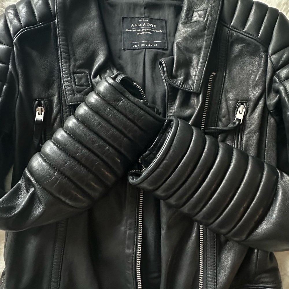 All Saints Quilted Black Leather Jacket - Picture 7 of 15